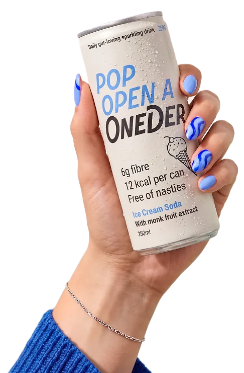 Hand with blue nail art holding an Oneder Ice Cream Soda can